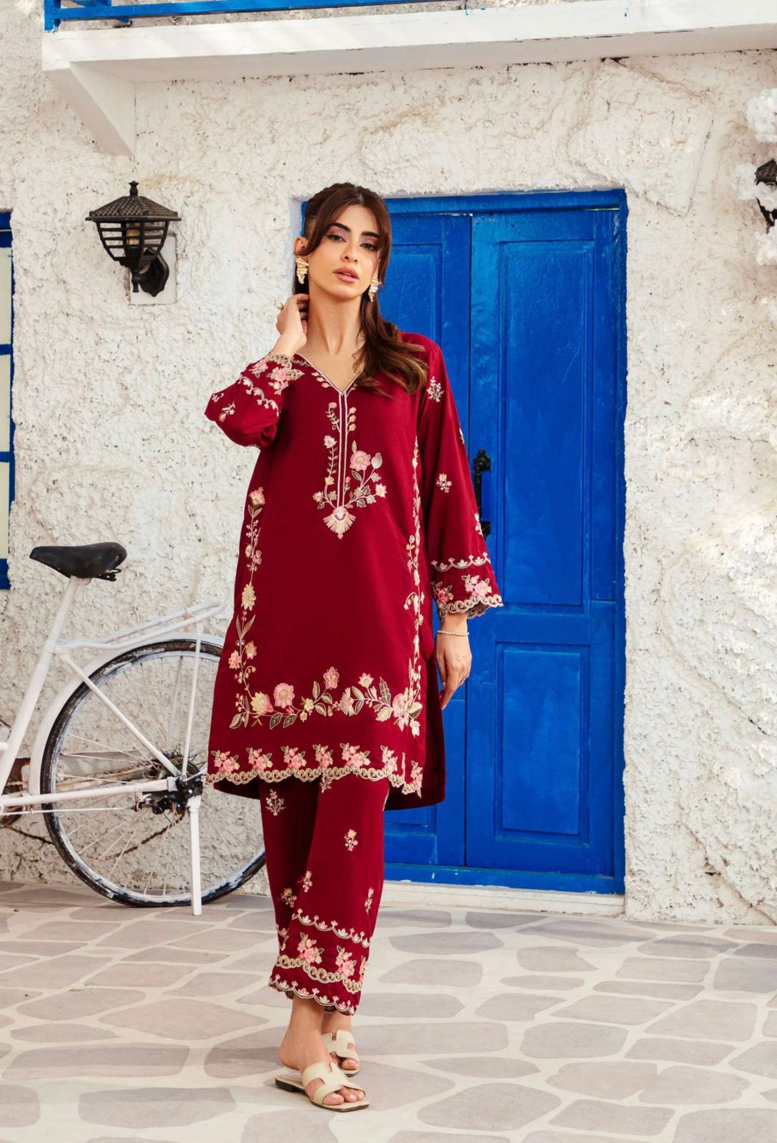 AMAL Maroon Embroidered Lawn Co-ord Set – Front View