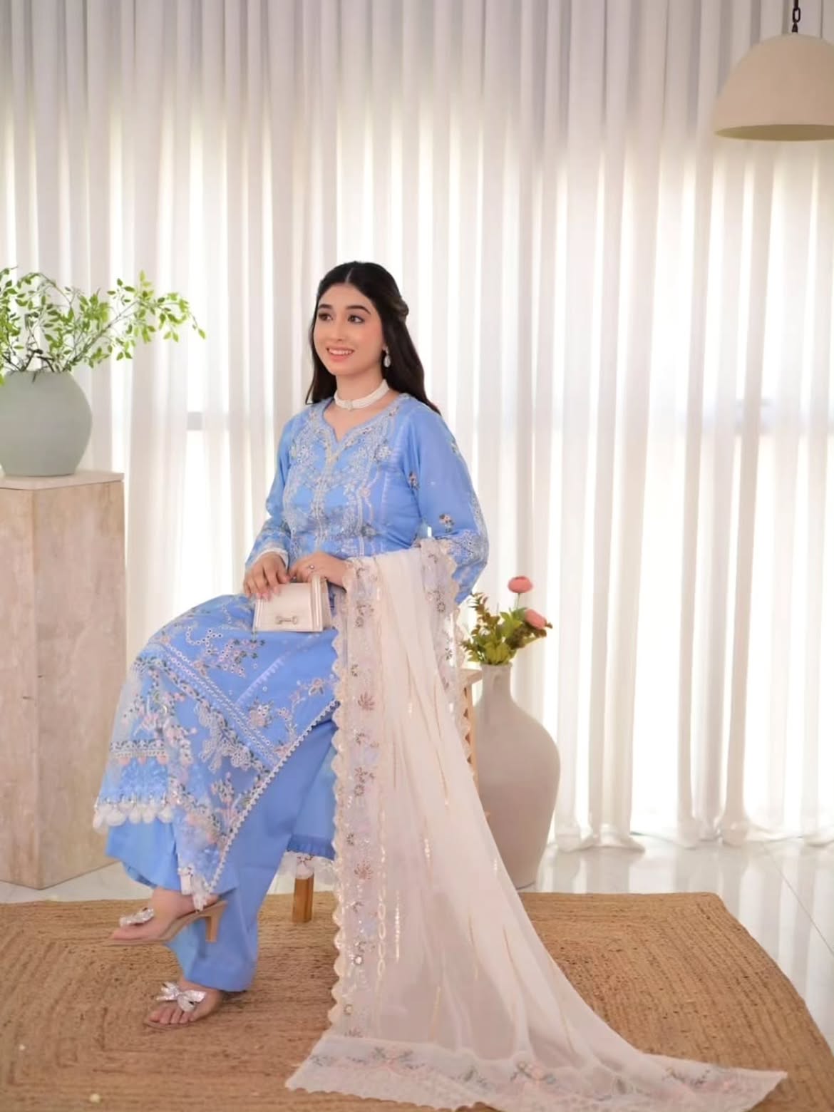 Sky Blue Chikankari Suit - Close-up Embroidery