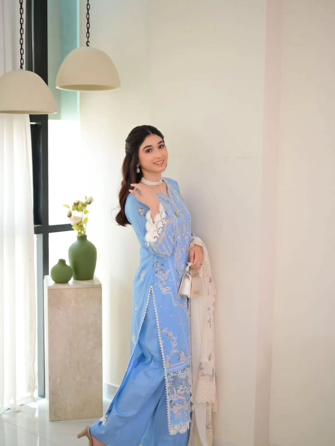 Sky Blue Chikankari Suit - Model with Flowers