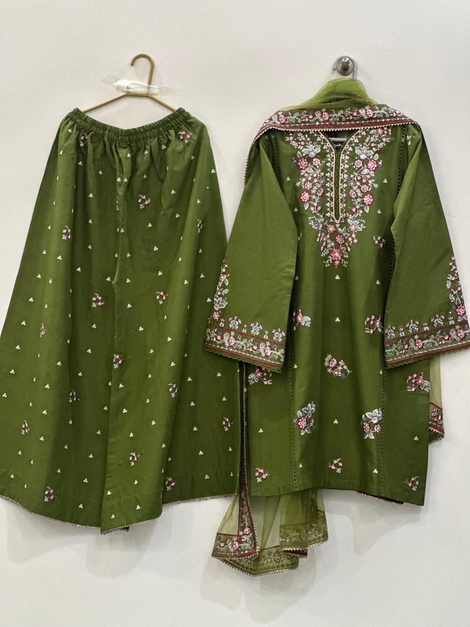 3 Pcs Olive Green Cotton Embroidered Suit for Women | DC Separate | Net Dupatta | Pakistani Unstitched Dress | Small, Medium & Large