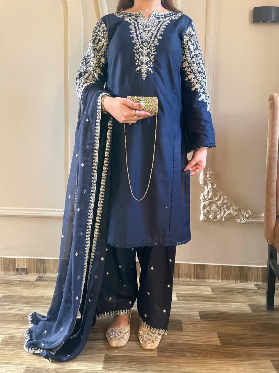 3 Piece Navy Blue Cotton Embroidered Suit for Women | Zari Work Shalwar Kameez with Chiffon Dupatta | Pakistani Lawn Style | S, M, L