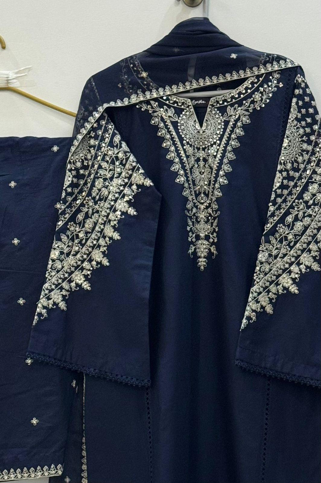 3 Piece Navy Blue Cotton Embroidered Suit for Women | Zari Work Shalwar Kameez with Chiffon Dupatta | Pakistani Lawn Style | S, M, L