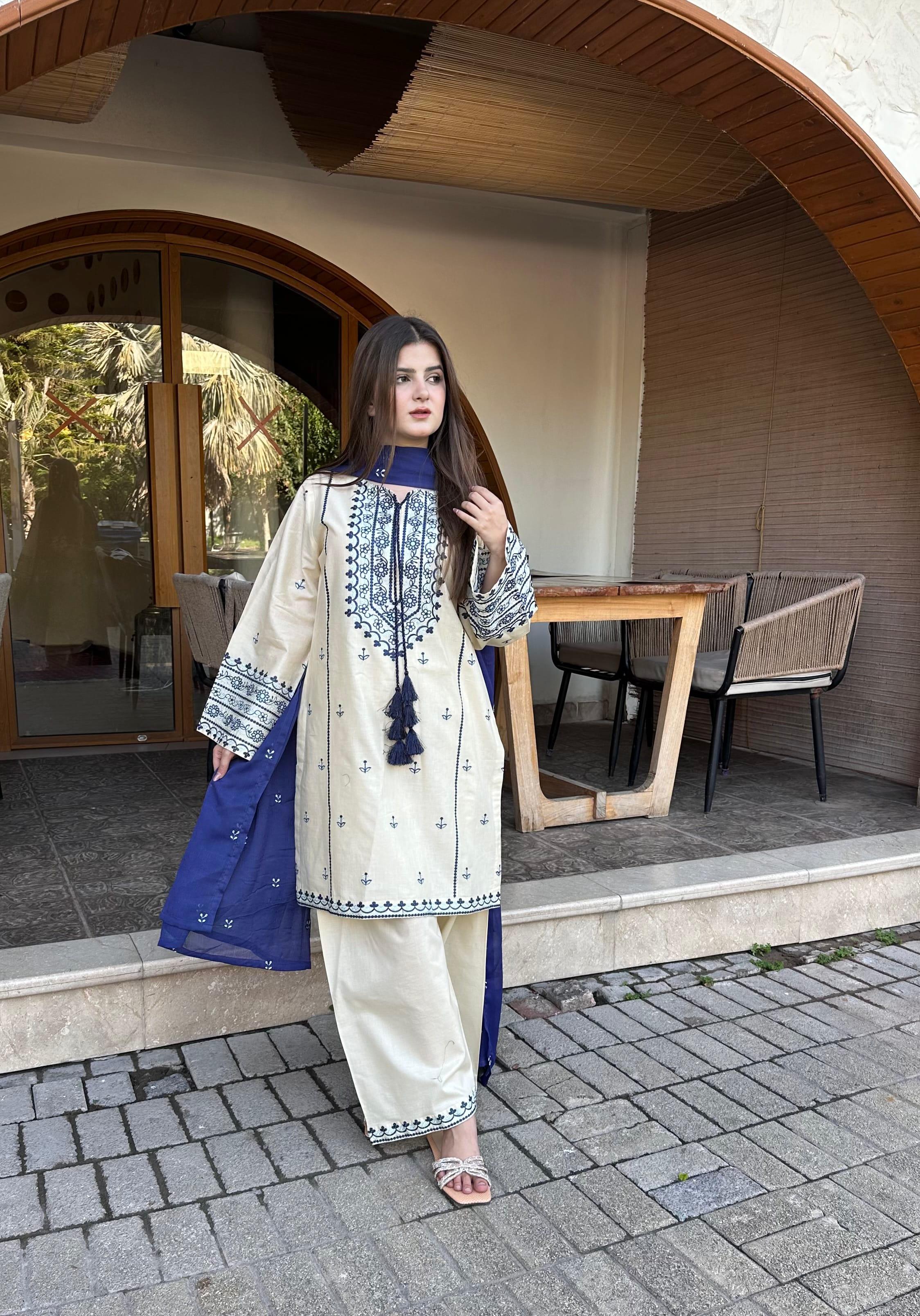 Women's 3 Piece Cotton Embroidered Salwar Kameez Suit with Dupatta | Pakistani Designer Dress | Cream & Navy | Small Medium Large
