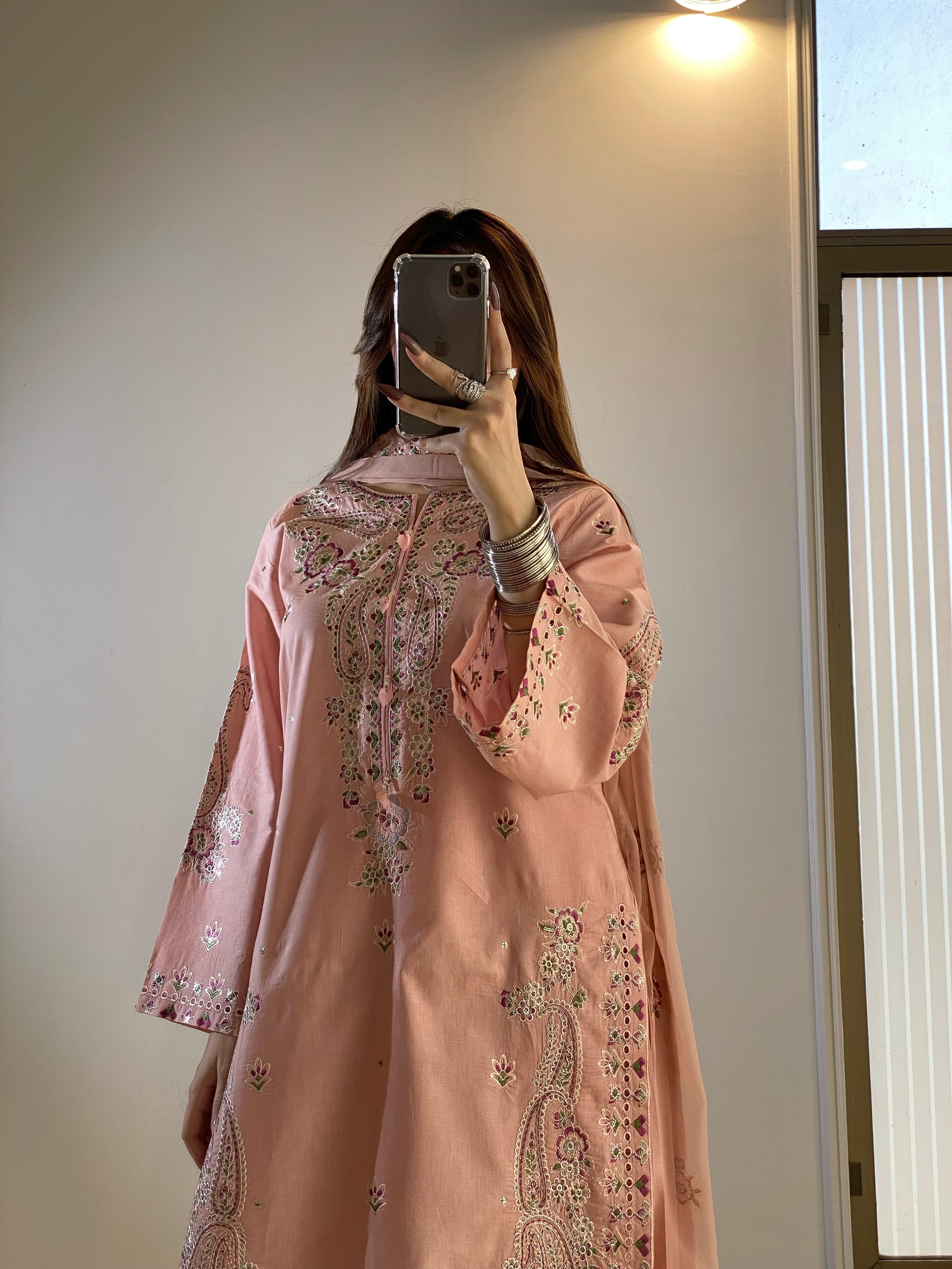 Women's 3 Piece Peach Cotton Embroidered Salwar Kameez Suit with Chiffon Dupatta | Pakistani Designer Dress | Small Medium Large