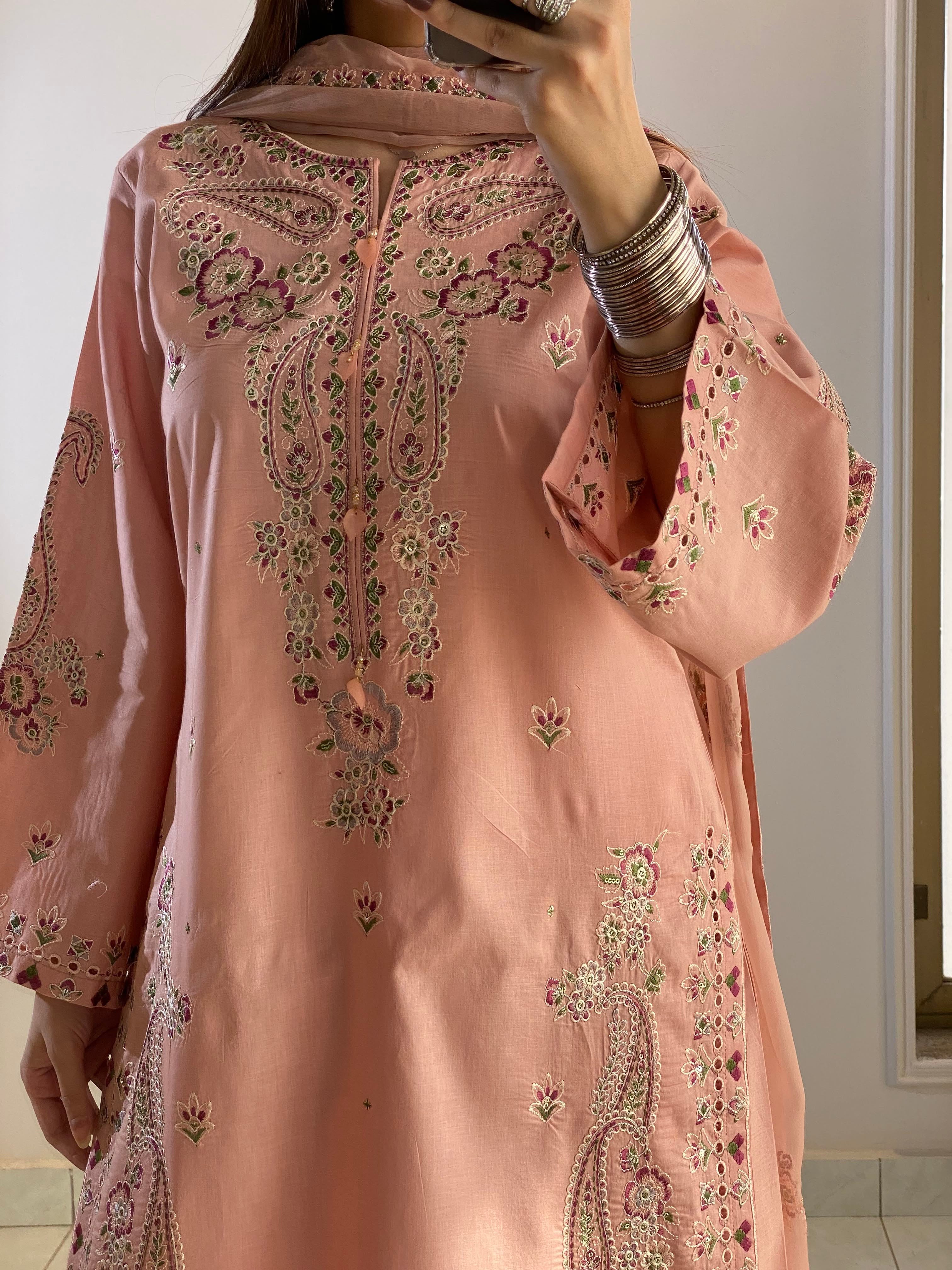 Women's 3 Piece Peach Cotton Embroidered Salwar Kameez Suit with Chiffon Dupatta | Pakistani Designer Dress | Small Medium Large